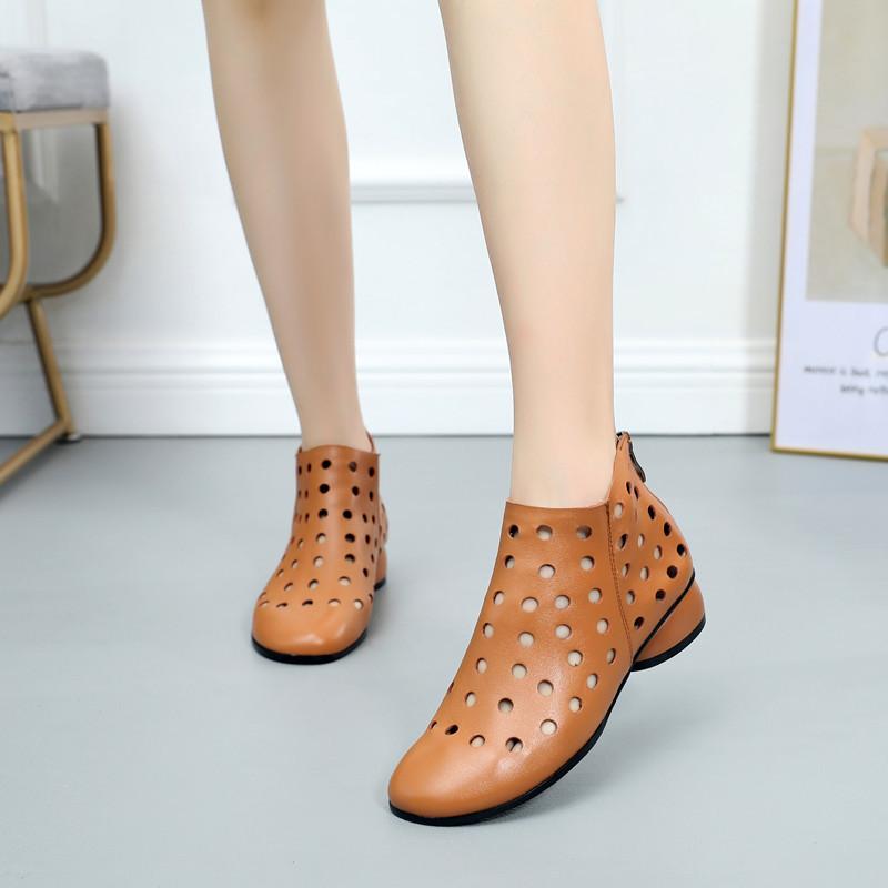 

Low Heel Casual Women's Shoes Rough Heel Boots Summer Women's Shoes Hollow Boot Genuine Leather, Beige
