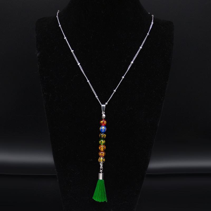 

2020 Sculpture Stainless Steel Colored Glass Long Tassel Necklace Women 7 Color Chakra Necklace Jewelry colgantes N20290
