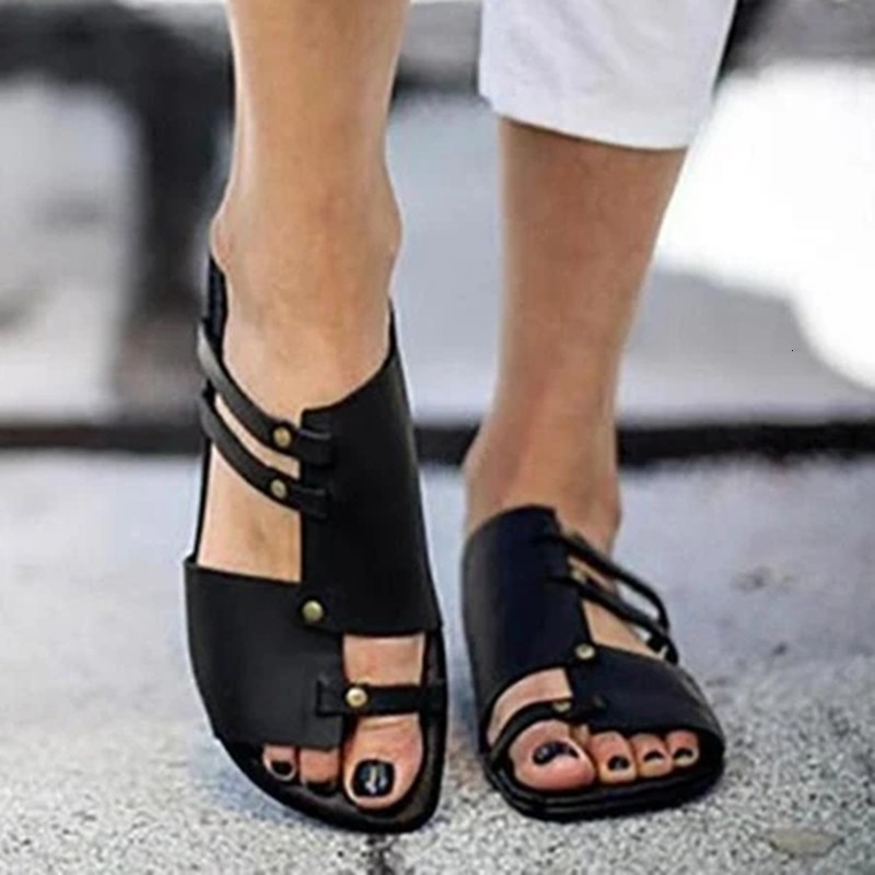 

2021 New Summer Open-toe Openwork Metal Decorative Women Shoes Fashion Outdoor Casual Ladies Plus Size Slippers I5bt, Gery