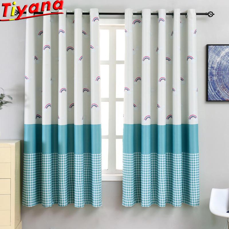 

Rainbow Curtains for Kid's Room Child's Blue Plaid Curtains Beige/Blue Stitching for Bay Window House PC016#30, Cloth