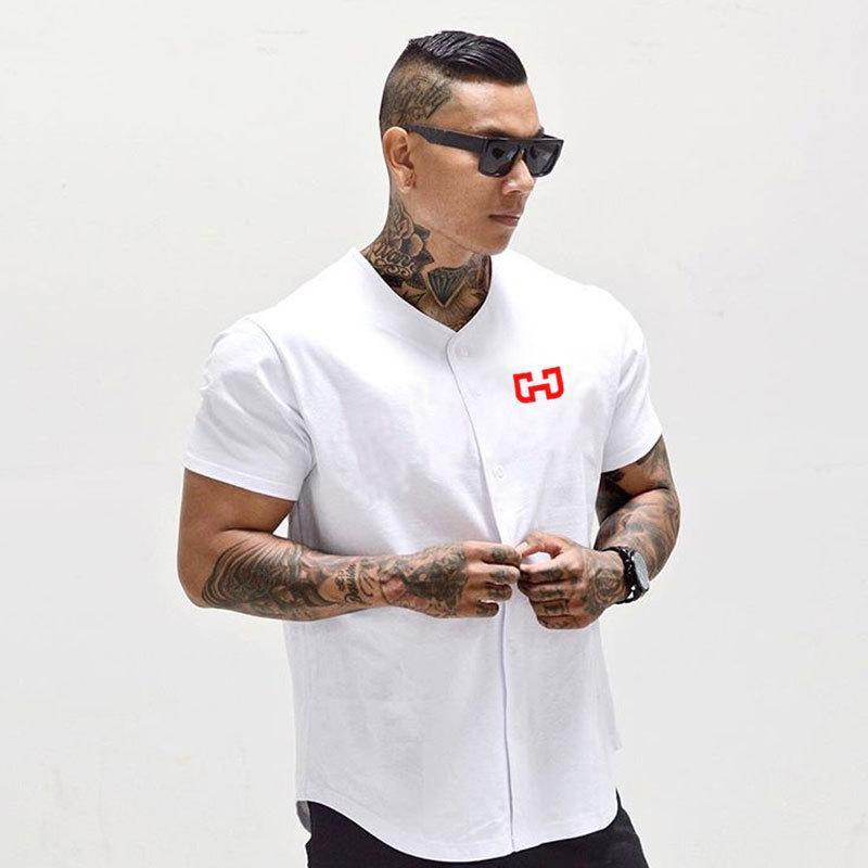 

2020 Summer New Style Muscle Kid Brother Fitness Short Sleeve T-shirt Cardigan V-neck Shirt Elasticity Pure Cotton Running /501, White