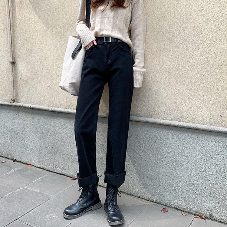 

Straight Jeans Women High Waist Korean Style Loose Mom Jeans Casual Streetwear Boyfriend Baggy Female Denim Trousers Pants, Black