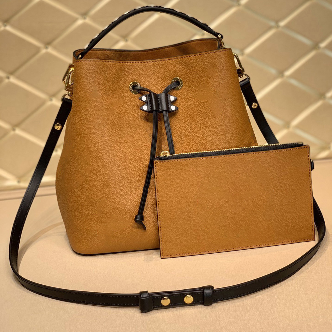 

Womens LU drawstring bucket bag brown genuine leather letter embossing multi pochette shoulder crossbody tote shopping bag mirror 7A quality