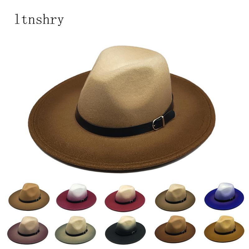 

2020 fashion Womens Fedora Hat Wool Khaki Jazz Hats Female National Casual Large Brim Vintage Autumn Classic Felt Hat And Cap