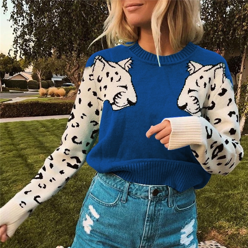 

Ladies Leopard Printed Sweater Fashion Women Animal Print Patchwork O-Neck Long Sleeve Pullover Loose Sweaters Tops Blouse Y200116, Blue