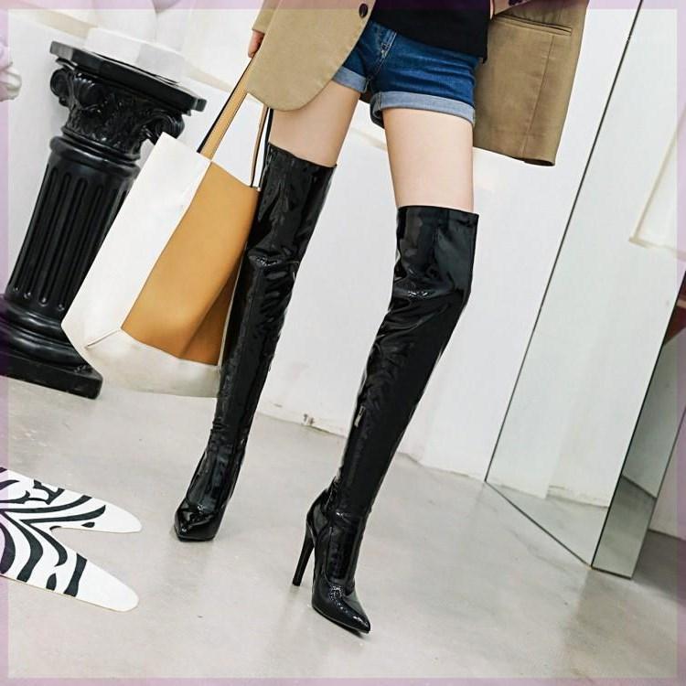 

Patent Leather Knee High Boots slim New Style Sexy elastic super high big red pointed thin1, Black upgraded thin