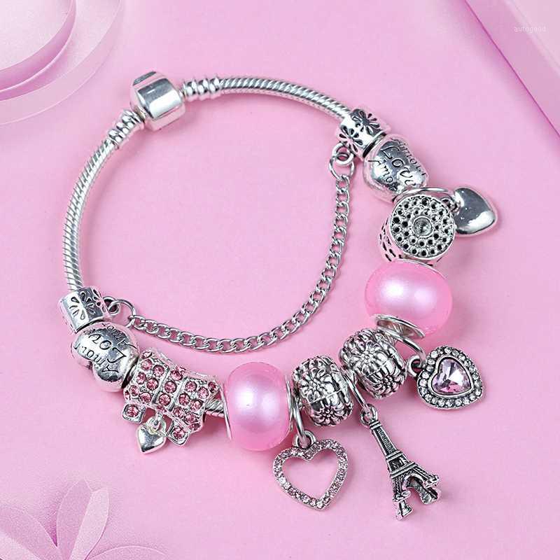 

Charm Bracelets Leabyl Silver Color Eiffel Tower Love Pendant Bracelet Romantic Pink Crystal Heart Beads For DIY Jewelry Making1