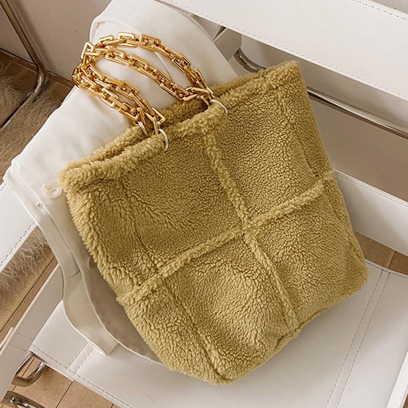 

Plush Chain Handbag for Women 2020 Winter Soft High Capacity Tend Shoulder Handbags Women's Travel Totes Lady Hand Bag, Coffee