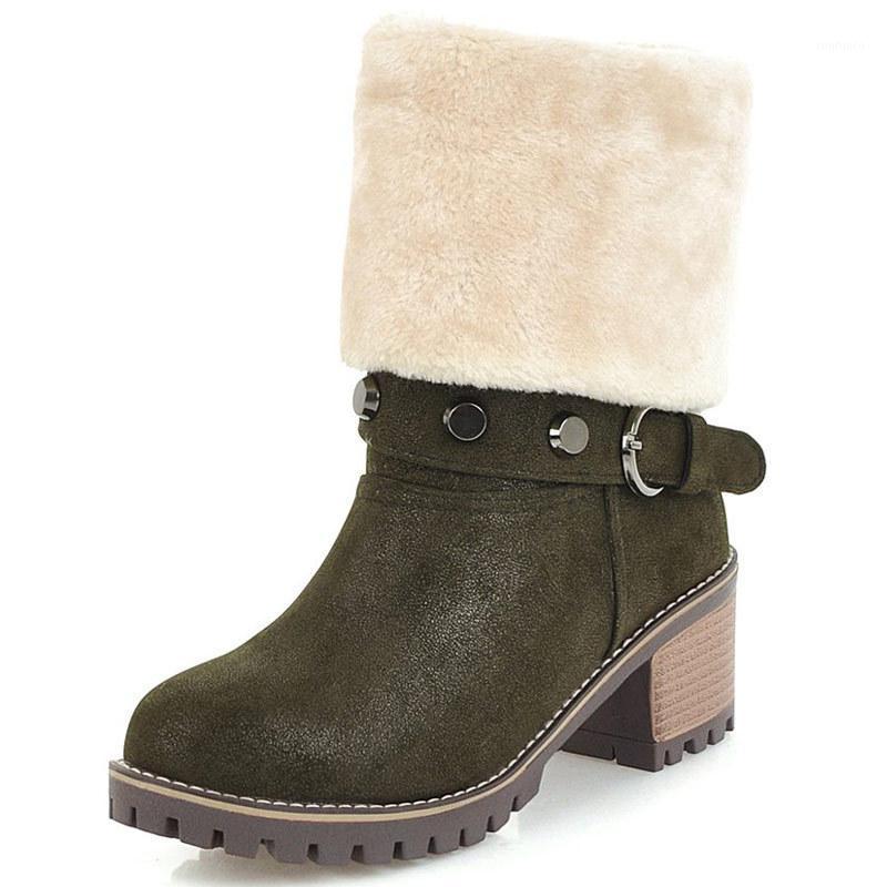 

Women's Leather Boots Round Toe Female Shoes Plush Rivets Rubber Ladies High Heel Rock Mid Calf Fur Large Size Slip-On1