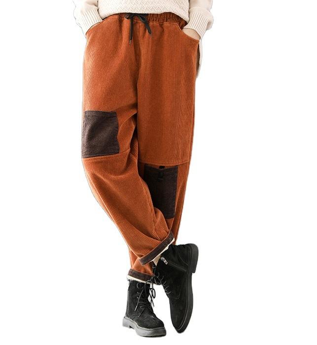 

Winter Fleece Pants Women Retro Loose Thicker All-match Trousers Women New Casual Elastic Waist pocket Patchwork Vintage Pants, Black