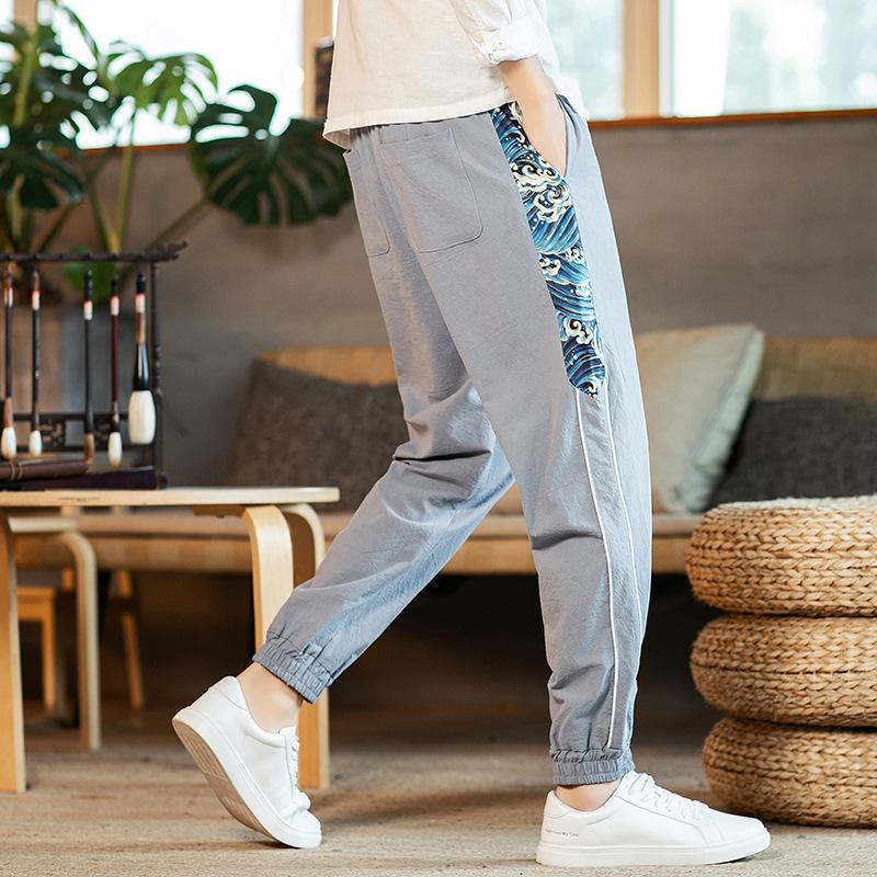 

Radish pants men's casual plus size leggings Chinese style printed stitching harem pants Japanese loose harem men, Black