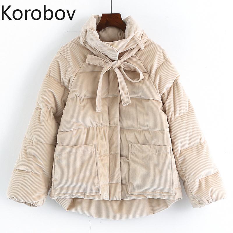 

Korobov Korean New Arrival Autumn Winter Coat Women Preppy Style Long Sleeve Pockets Chaquetas Mujer Lacing Bow Parkas 79024, Pink
