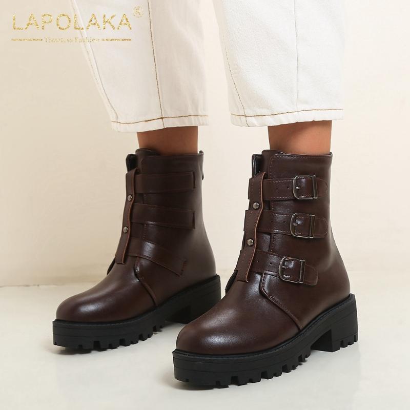 

2020 Plus Size 43 Fashion non-slip Platform Suqare Heels Cool Belt Buckles Ankle Boots Winter Shoes Woman Boots1, Black