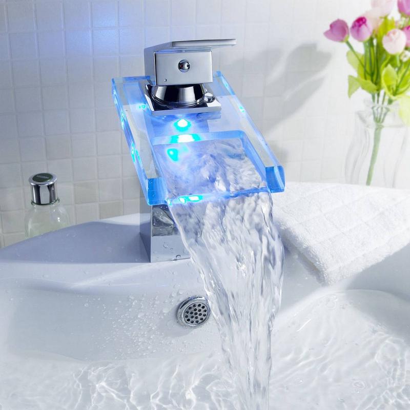 

LED Color Changes Glass Waterfall Basin Faucet Single Handle Kitchen Water Faucet Chrome Finish Bathroom Bath Tub Sink Mixer Tap