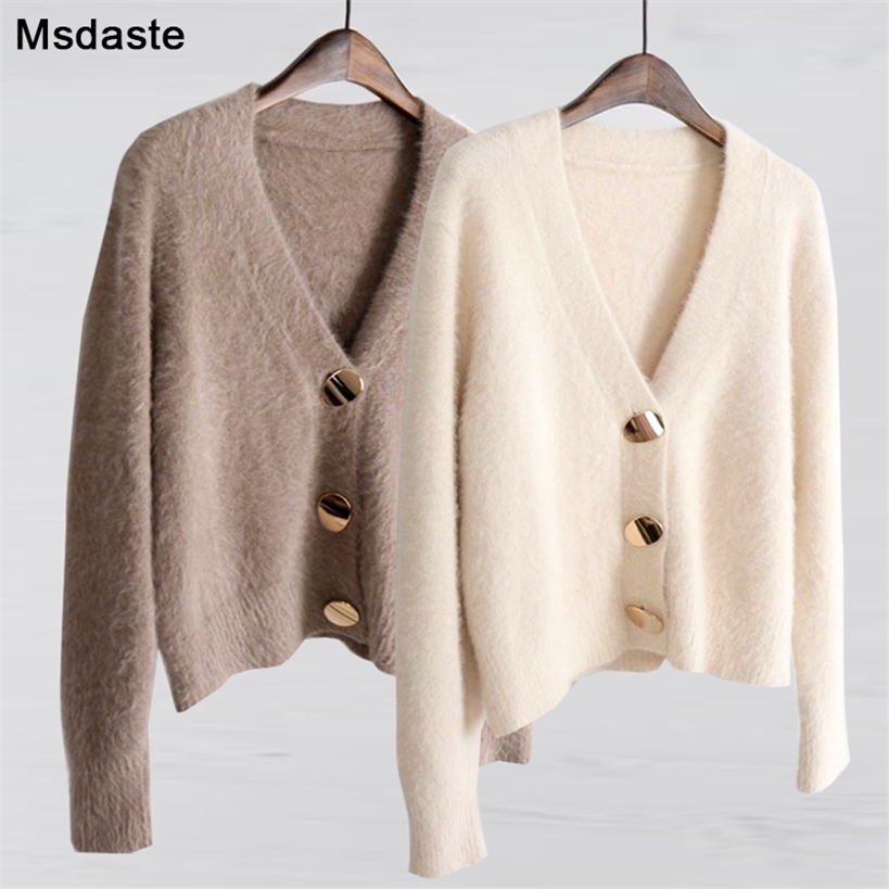Mohair Sweater Women Cardigans Winter V-neck Soft Knitted Tops Outwear solid White Brown Casual Woman Knitwear Sweaters 201221