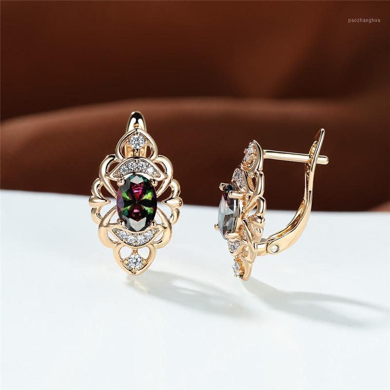 

Hoop & Huggie Antique Gold Color Wedding Earrings Rainbow Crystal Oval Stone Vintage Hollow Multicolor Zircon For Women, Golden;silver