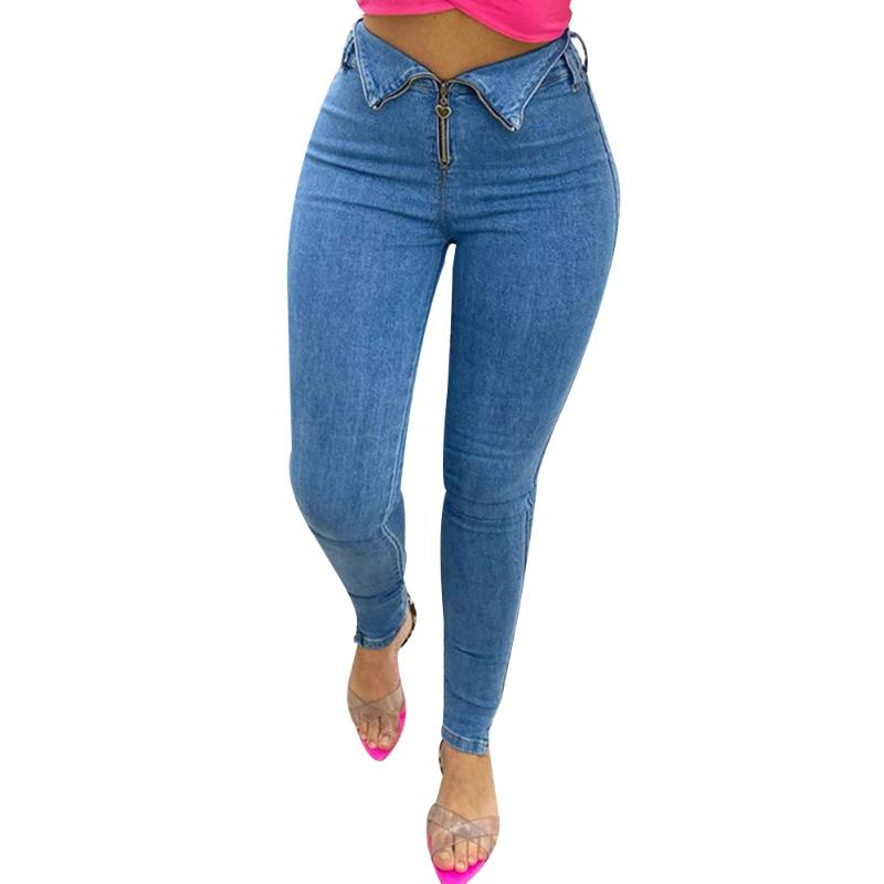 

Zipper Woman Jeans High Waist Skinny Denim Pants Casual Full Length Mom Jeans Elastic Baggy Retro Solid Pencil Trousers, Blue