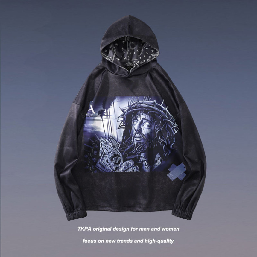 

Tkpa American spoof religious style printed Hooded Sweater men's women's hip hop high street fashion br top and Hoodie, Black