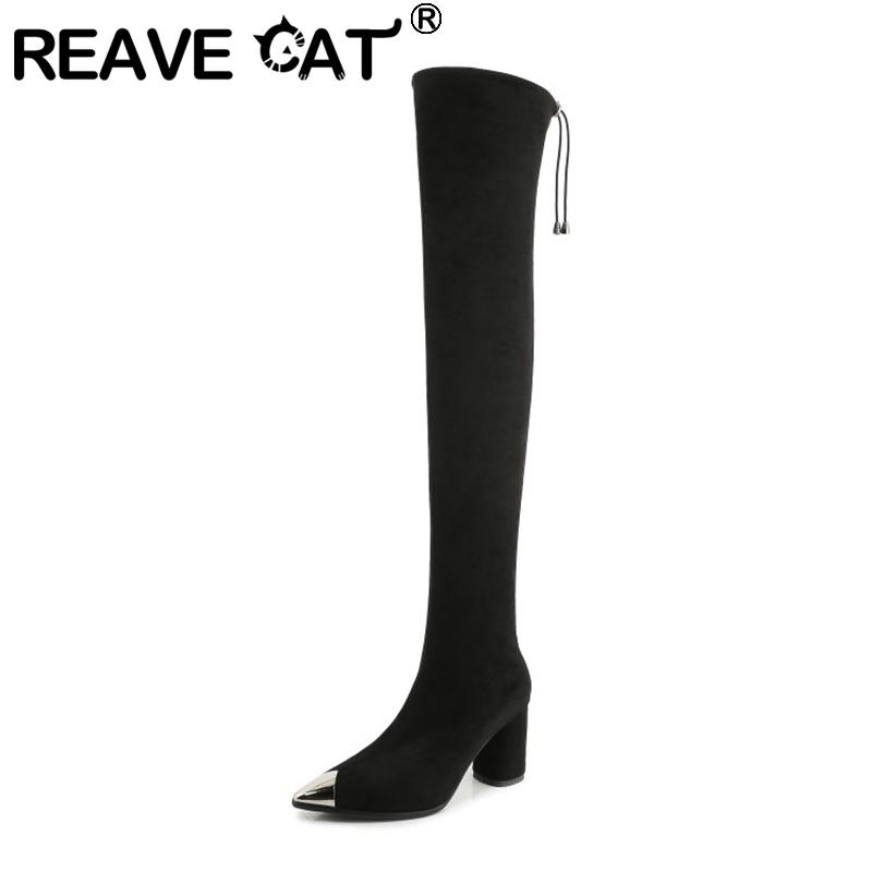 

REAVE CAT Women Over Knee Boots Pointed Toe Square Heels 7.5cm Stretchy Slim Zip Big Size 33-40 Warm Short Plush Winter A3236, Genuine black