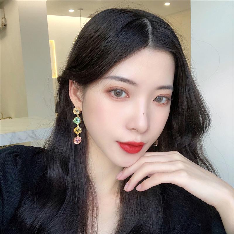 

TIMEONLY Korea Style Shinning Crystal Dangle Earrings Contrast Color Long Earring for Women Girlfriend Temperament Jewellery