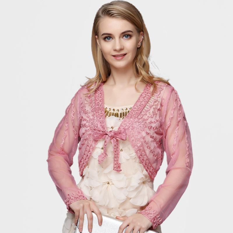 

Spring Lace Small Shawl Female Plus Size Cardigan Outside Small Tops Summer Long Sleeve Tulle Shirt Bow Tie Short Cardigan M501, Black