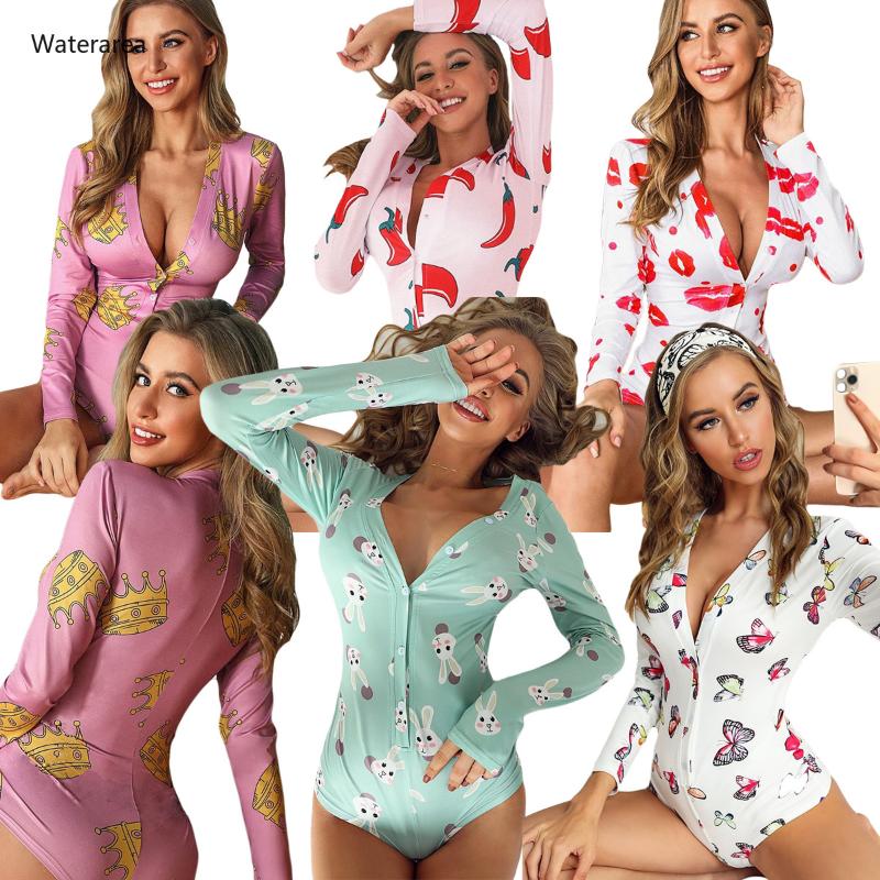 

Women Rompers Elastic Cartoon Mouth Butterfly Print Long Sleeve V-neck Bodycon Bodysuit Night Club Sexy Party Beach Bodysuits, Green