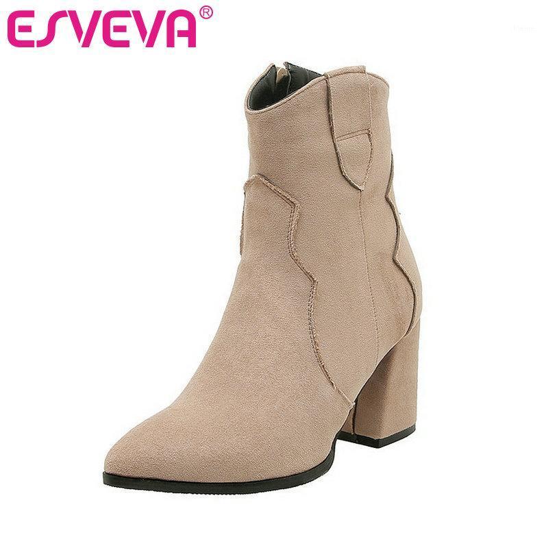 

ESVEVA 2020 Women Shoes Winter Ankle Boots Square High Heel Elegant Flock Pointed Toe Motorcycle Platform Boots Size 34-431, Black