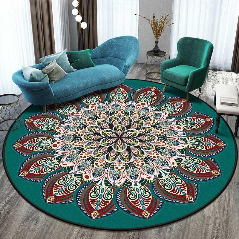 

Home living room carpet bedroom room European retro geometric pattern round rug ethnic floral mandala entry blanket1