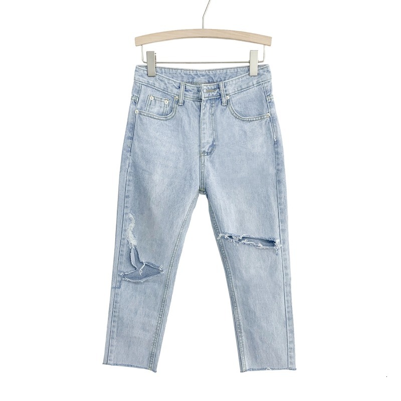 

2021 New Summer Korean casual fashion skinny high-waisted high street boy wind white hole nine straight female jeans 08DM, Light blue