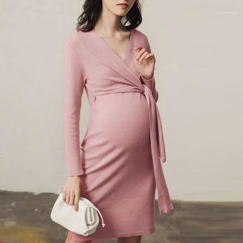 

New Maternity Wear Women Pregnant Women Winter Breastfeeding Solid Color Long Sleeve Mid-length Lace Dress1, Pink
