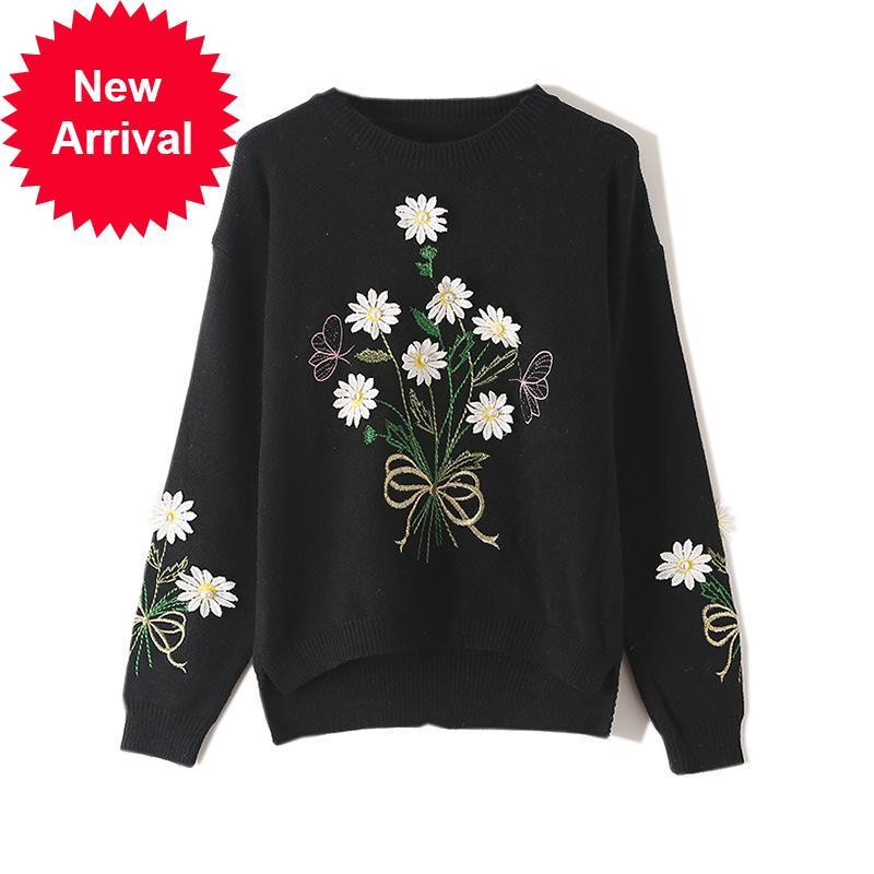 

2021 New High Quality New Winter Women's Floral Embroidered Sweater Vintage Mesh Fashion Loose Tops Outwear Coat Design Clothes 73ky, Black