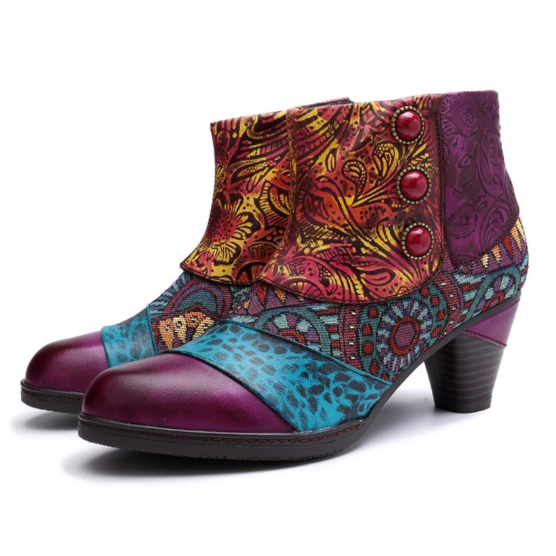 

Retro Folk-Custom Splicing Pattern Boots Women Casual Zipper Winter Shoes Fashion High Heel Ankle Boots For Women Botas Feminina, Purple