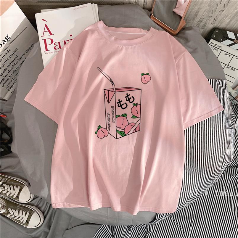 

cartoon peach juice japanese aesthetic grunge t shirt harajuku cute kawaii pink summer casual tumblr outfit fashion women, White
