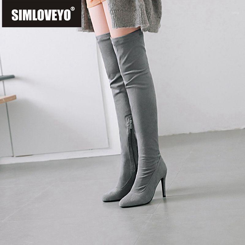 

SIMLOVEYO Winter Boots Zipper Pointed Toe Thin Heels Over the Knee High Boots Flock Slip on Feminino Mujer Botas B9211, Beige velvet