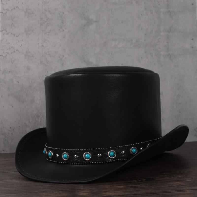 

100% Leather Women men Top Hat President Traditional Fedoras Hat Magician Steampunk Cosplay Party Cap Dropshiping 3Size 13CM Top, Black