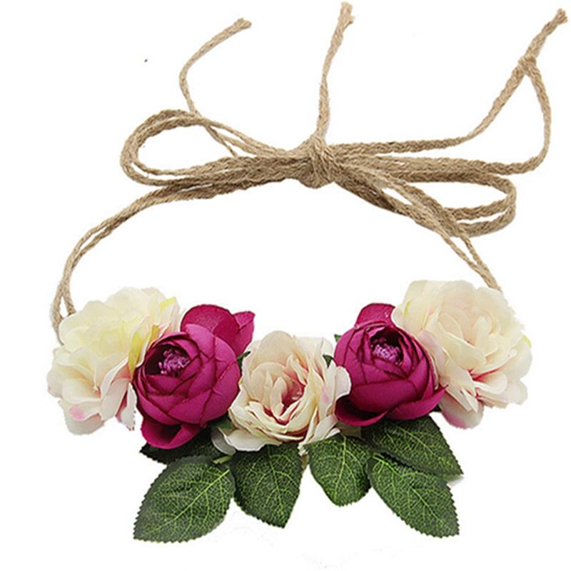 

2020 Women Flower Crown Hair Band Wedding Floral Headband Garland Ribbon Bow Girl Flower Wreath Elastic Hair Accessories