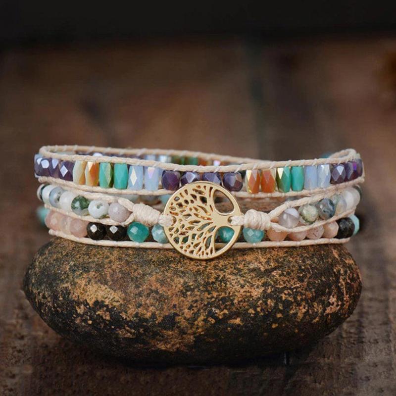 

3Strands Natural Stone Wrap Bracelet for Girls Multipe Faceted Crystal Beads Tree of Life Charms Boho Bracelets Jewelry Gift