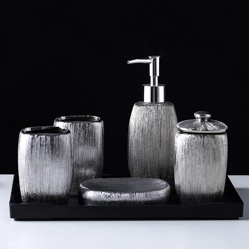 

Electroplated Silver Ceramic Bathroom Accessories 6pcs Set Wash Set/Melamine tray/Lotion Soap Dispenser/Toothbrush Holder