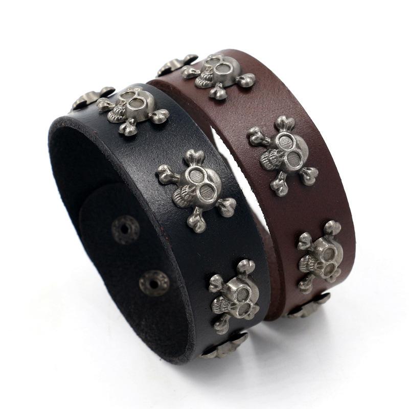 

2021 new design retro punk rock men's wide leather skull rivet fashion leather bracelet unisex accessories jewelry gift