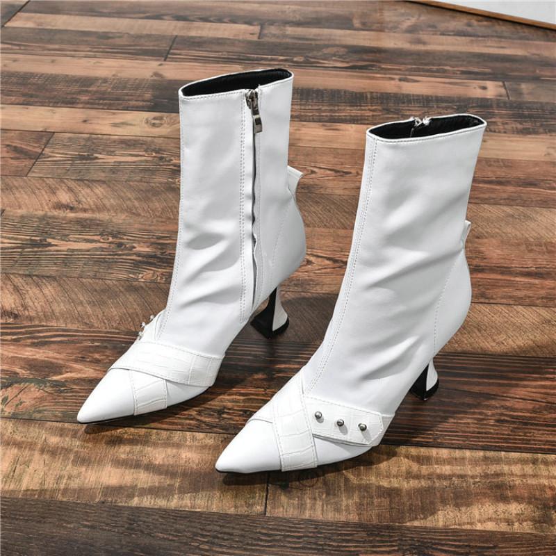 

Women Mid-Calf Boots Fashion Retro Bucket Boots Woman Autumn Winter Pointed Toe Shoes Female High Heel Footwear, Black