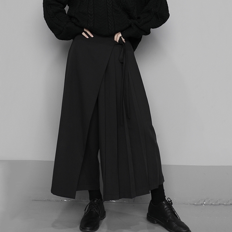 

[EAM] High Elastic Waist Black Pleated Split Wide Leg Trousers New Loose Fit Pants Women Fashion Tide Spring Autumn 1N666 201119