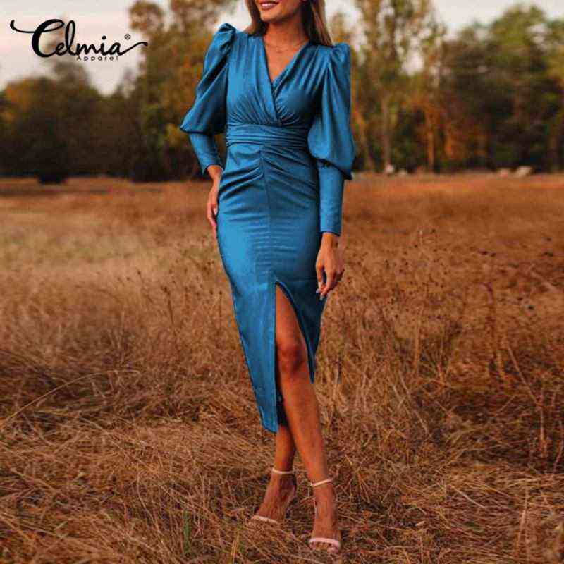

Celmia Fashion Satin Party Dress Women 2021 Autumn Casual Long Puff Sleeve Sheath Robe Longue Sexy V-Neck Elegant Split Vestidos G1223, Blue (style a)