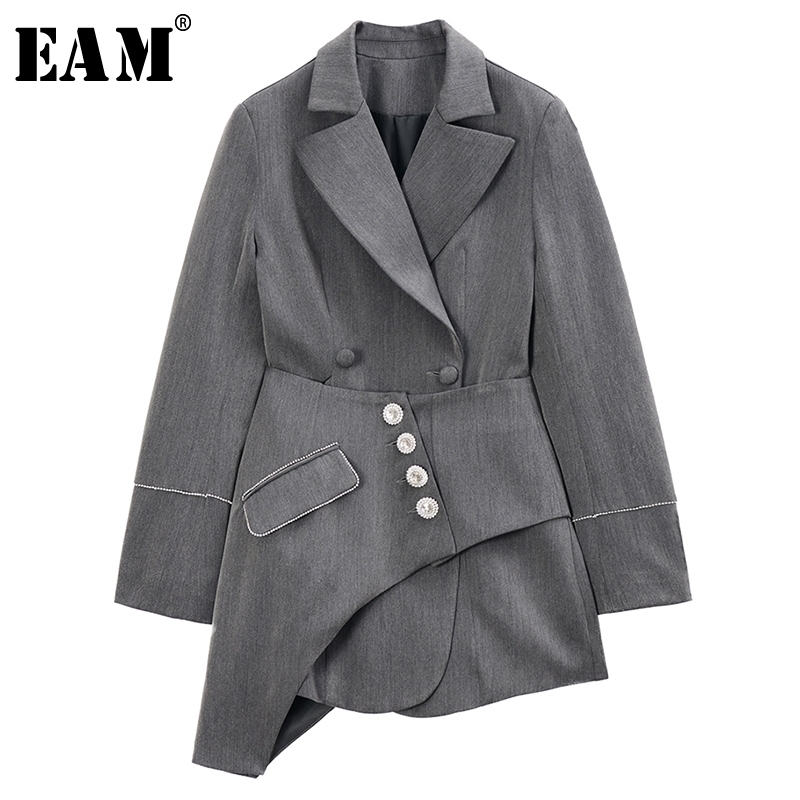 

[EAM] Loose Fit Gray Asymmetrical Stitch Two Piece Jacket New Lapel Long Sleeve Women Coat Fashion Tide Spring 1R741 201123