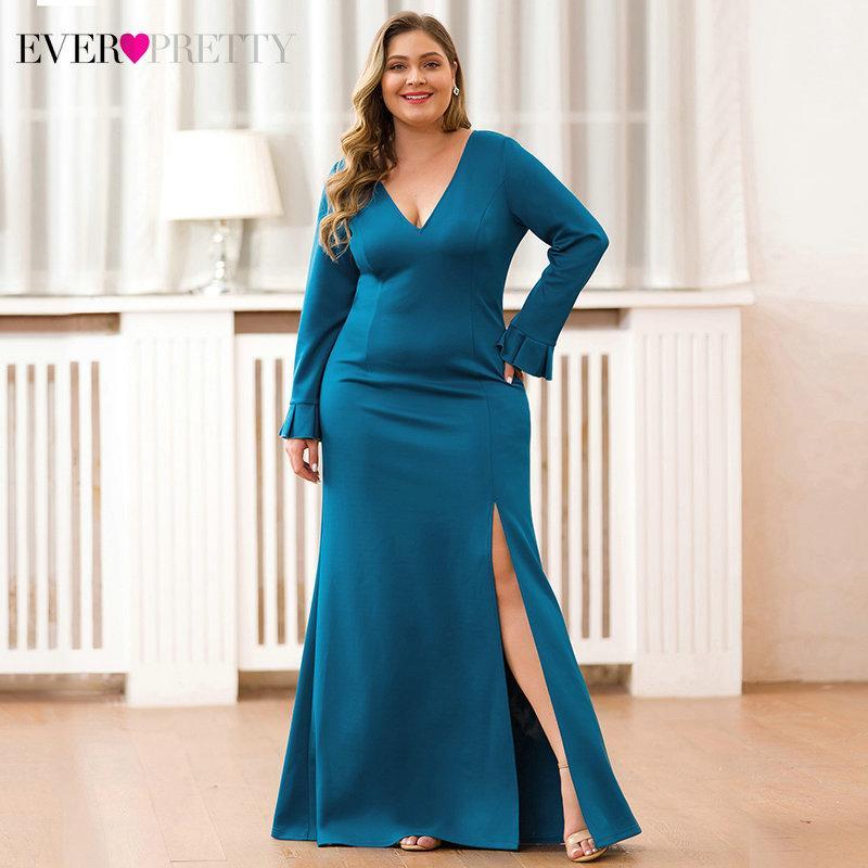 

Plus Size Teal Prom Dresses Ever Pretty Side Split Deep V-Neck Full Sleeve Draped Mermaid Formal Party Gowns Vestido De Festa1, White;black
