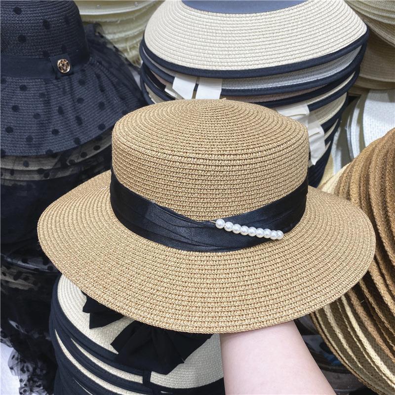 

Panama Hat Simple Summer Beach Hat Female Casual Lady Women Flat Brim Bowknot Straw Cap Girls Sun Chapeu Feminino 2021, Blue ribbon