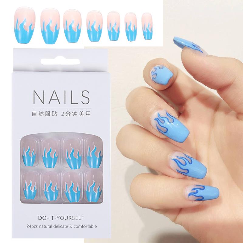 

24 Pcs Flame False Nail Art Tips Stiletto Ballerina Coffin Full Cover French With Glue Press on Fake Nails Acrylic DIY Manicure, 06