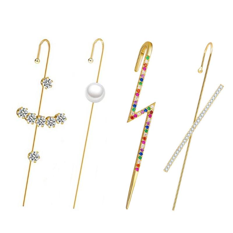 

Stud Ear Wrap Earrings Elegant Crystal Craved Gold-tone Crawler Hook Classic Rhinestone Piercing Cuff For Women