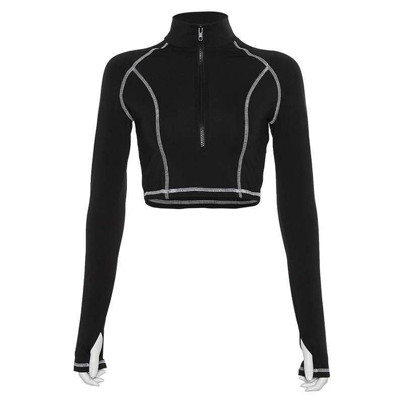 

2021 New Spring and autumn casual feminine fashion wear reflective print thin collar round navel sleeve short top GKM9, Black