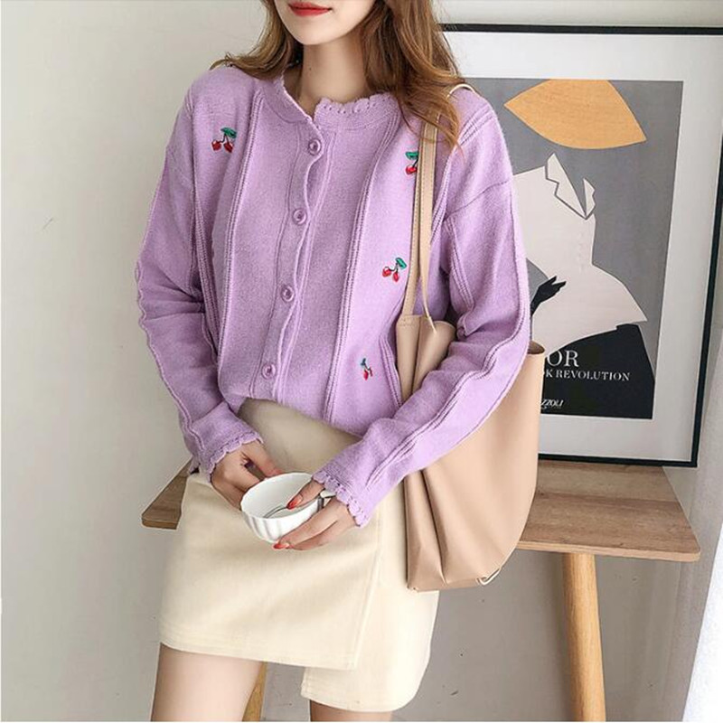 

2021 Spring Autumn New Knit Sweater Women Long Sleeve Single-breasted Embroidery Cardigan Sweater Fashion Casual Female Tops, Purple