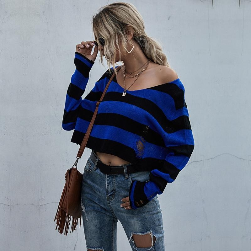 

Women Long Sleeve Sexy V-Neck Sweater Casual Loose Pullover Striped Knit Tunic, As pic